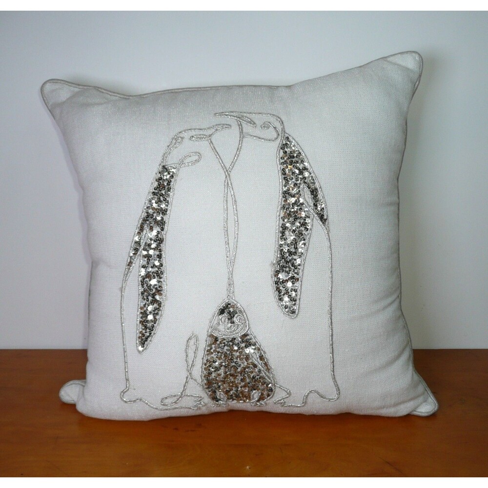 Penguin Family Throw Pillow Beaded Natural w/Silver Sequin 18"x 18" Time & Place